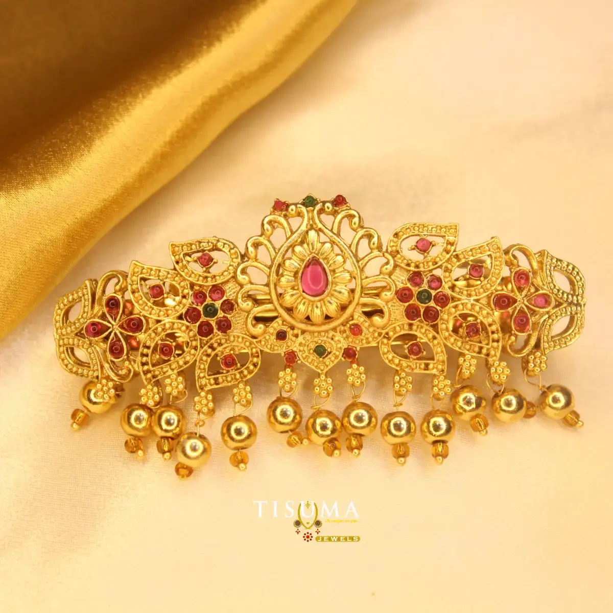 Antique Gold Plated South Indian Temple Paisley and Floral Motif Kemp Stone Hair Barrette Clip with Dangling Golden Beads for Women